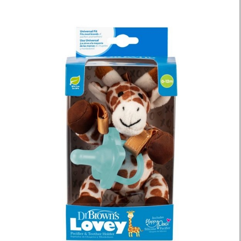 BUY 1 GET 1 FREE Dr. Brown's Lovey Giraffe with pacifier attached.
